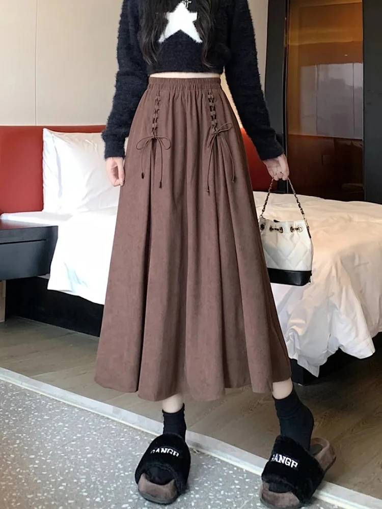 Vintage Corduroy Women Midi Skirts Y2K Autumn Winter High Waist Lace Up Pleated Skirt Ladies Streetwear All Match A Line Skirts