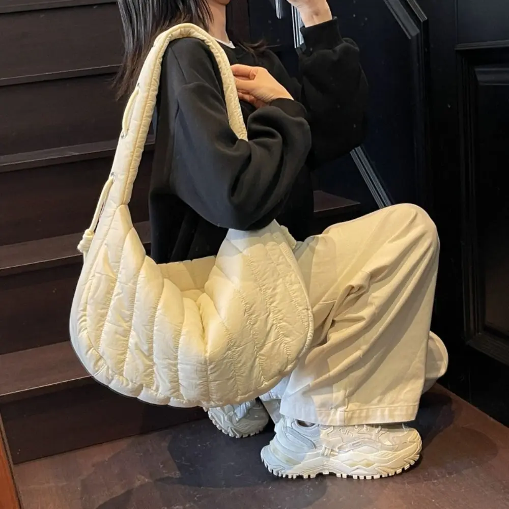 

Solid Color Padding Shoulder Bag Versatile Design Pleated Detail Solid Messenger Bag Trendy Style Unique Casual