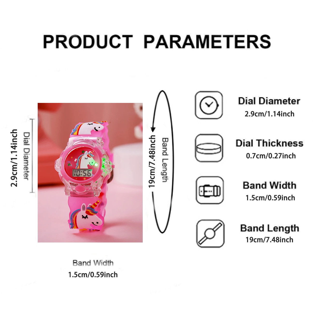ساعة متوهجة بنمط حفلة وحيد القرن كرتونية لطيفة للأطفال، مناسبة للارتداء اليومي وهدايا المهرجانات