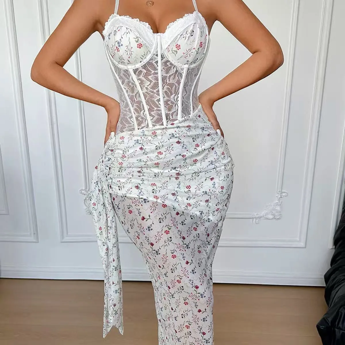 Sexy Leopard Print Women Sling Dress Fish Bones Tummy Slim Belly Lingerie Lace Hollow Temptation Body Shaper Long Style Dresses - view 3