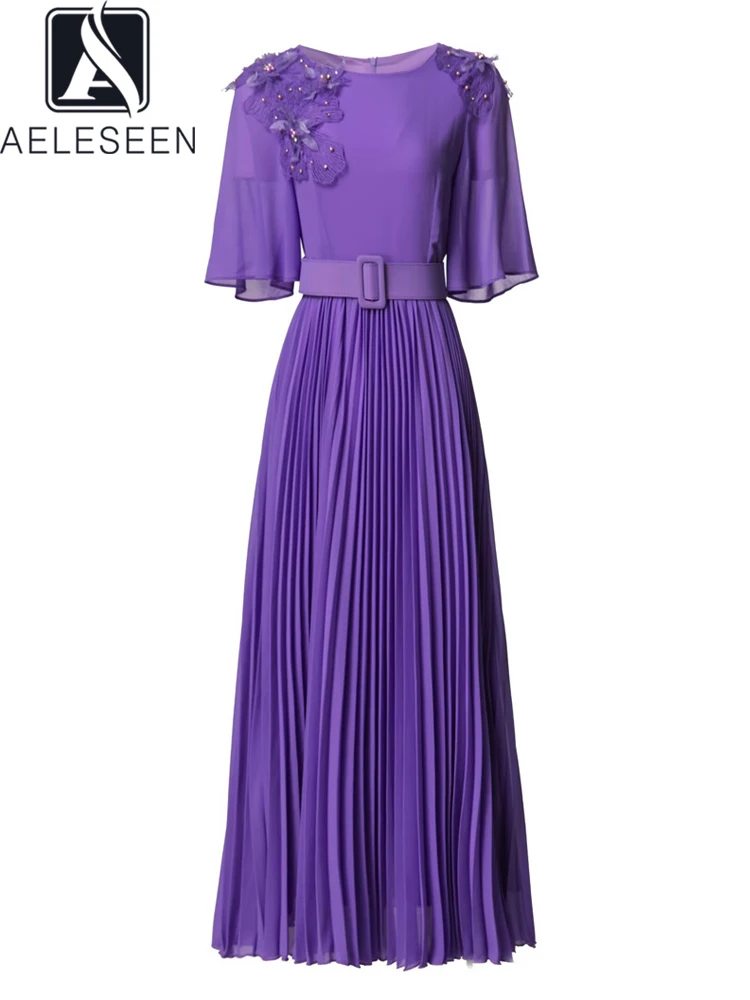 

AELESEEN Elegant Pleated Midi Dress with Belt & 3D Floral Embellishments Women Summer Short Sleeve Appliques Beading Party