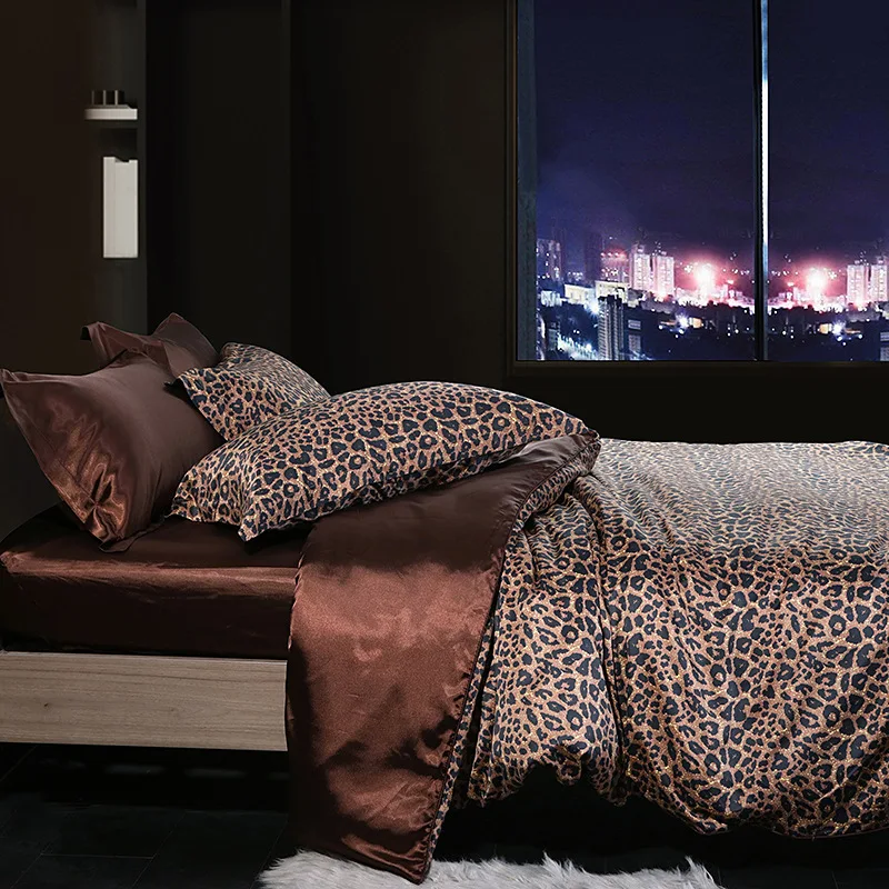 European Leopard Print Four-piece Set Double-sided Ice Silk Satin Quilt Cover Naked Sleeping Bed Sheets Pillowcase Bedding Set