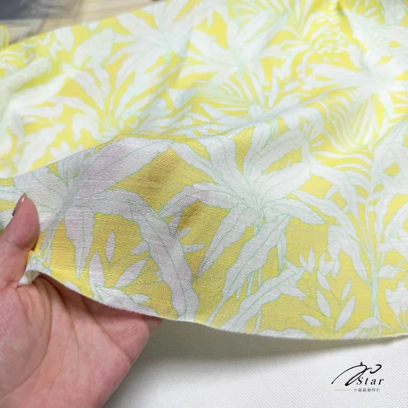 Wrinkle Resistant Drapey Linen Texture Fabric Light Yellow Floral Print Lightweight Breathable Shirt Top Dress Skirt DIY Sewing