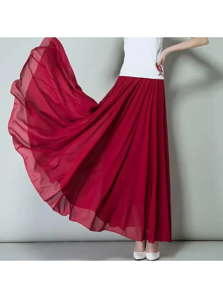 Nowe letnie szyfonowe spódnice plus size, spódnice do ziemi, eleganckie spódnice do tańca z wysokim stanem, różowe, czarne, czerwone, królewsko niebieskie, białe, długie spódnice. — zdjęcie 2