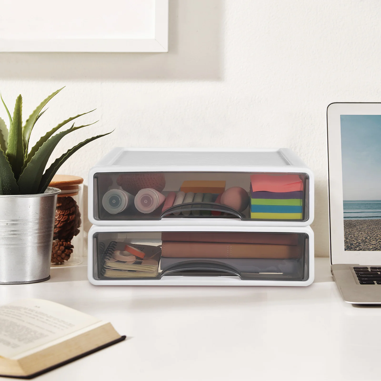 

2Pcs Large Capacity Minimalist Style Stackable Desktop Drawer Organizer Box Office Supply Makeup Storage Case Desktop Drawer Box