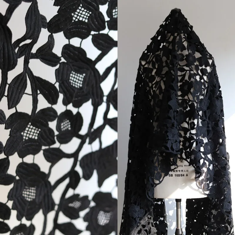 Chiffon Mesh Embroidered Lace Hollow Out Fabric for Black Non Elastic Drape Dress Set Design Cloth Diy Per Meter Sewing Material