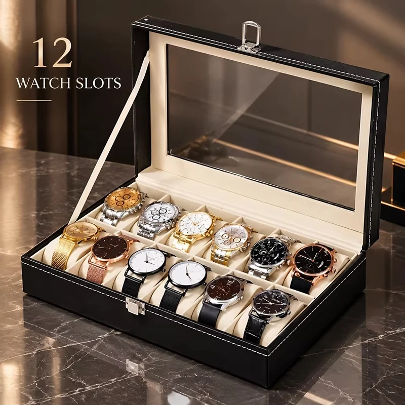 6/10/12 Slots PU Leather Watch Box Display Case With Clear Display Lid Watch Organizer With Removable Watch Pillow For Men Women