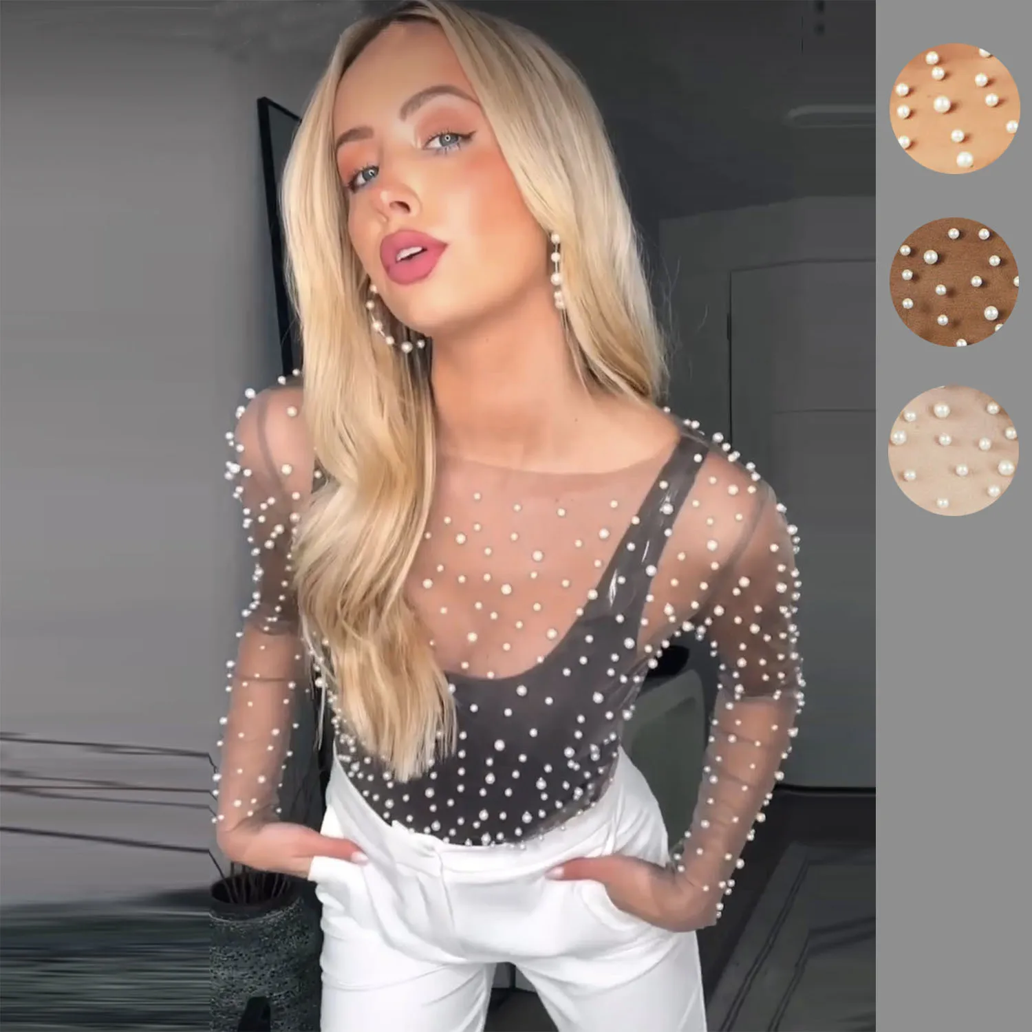 2026 Spring/Summer Collection: Sexy Women's Wear Beaded Sheer Mesh Long-Sleeve Top Women's Casual Party Wear Fashion Piece