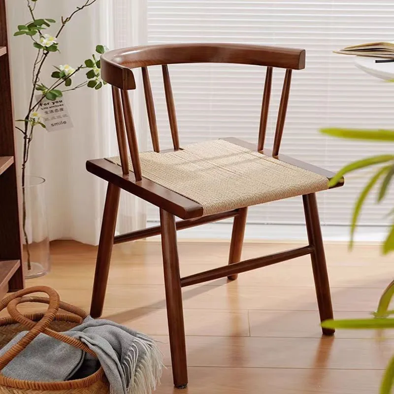 MOMO Retro Chinese stijl massief hout geweven touw eetkamerstoel Eenvoudige gastgezin rugleuning gras cirkel stoel voor woondecoratie
