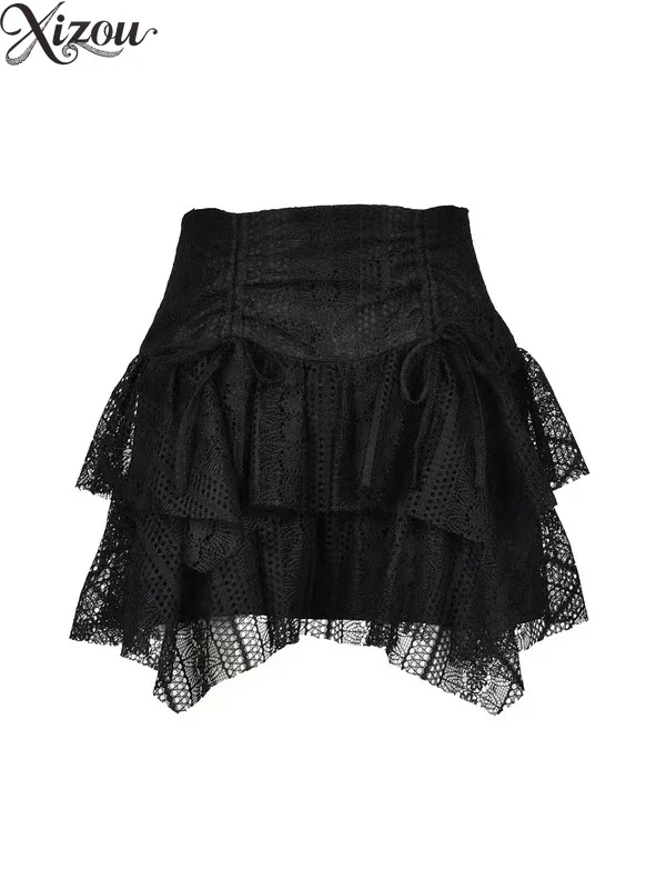 Y2K ボヘミアン レディース スカート ブラック ホワイト ハイローウエスト イレギュラー レース ショート スイート クール セクシー スパイシー ボウタイ リボン 夏 2025