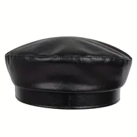 Fashion Women Large Belt Buckle Leather Hat Spring Autumn Sailor Hats Black Ladies Beret Caps Men Flat Top Captain Military Caps 5