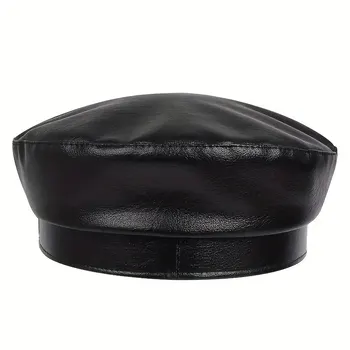 Fashion Women Large Belt Buckle Leather Hat Spring Autumn Sailor Hats Black Ladies Beret Caps Men Flat Top Captain Military Caps 5