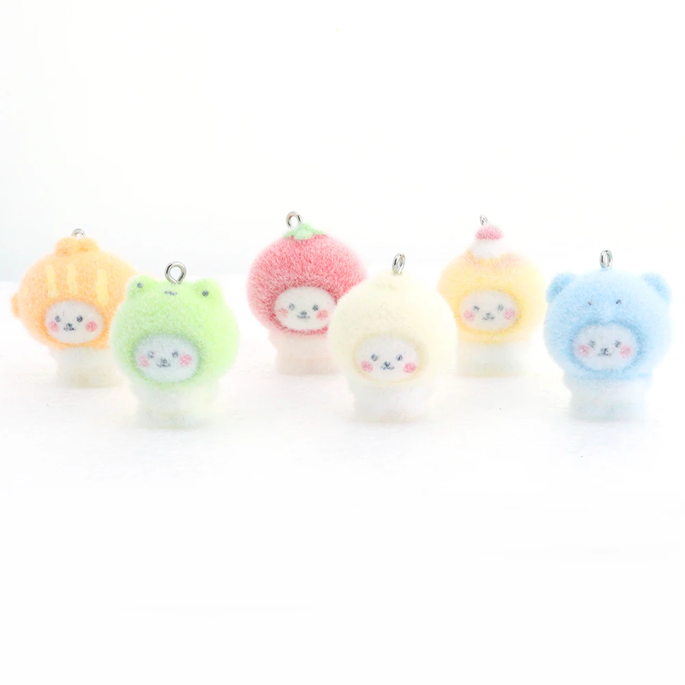 6Pcs Little Bear Flocked Resin Ornaments Animal Pendants DIY Phone Straps Keychains Accessories Handmade Jewelry Materials view 3