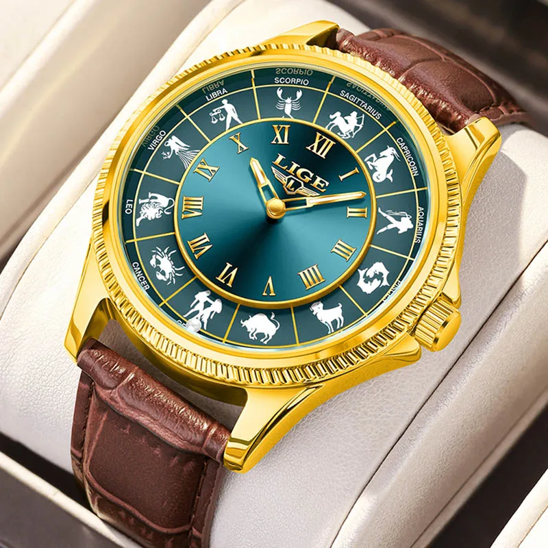 LIGE New Men's Quartz Wristwatch Fashion 12 Constellation Dial Design Waterproof Men Watch Casual Luminous Leather Watch for Men