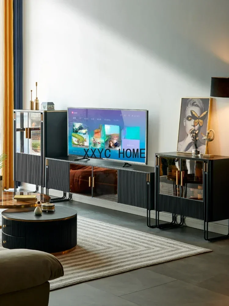 Light Luxury Stone Plate Coffee Table TV Cabinet Combination Modern Minimalist Floor Cabinet round Coffee Table Solid Wood