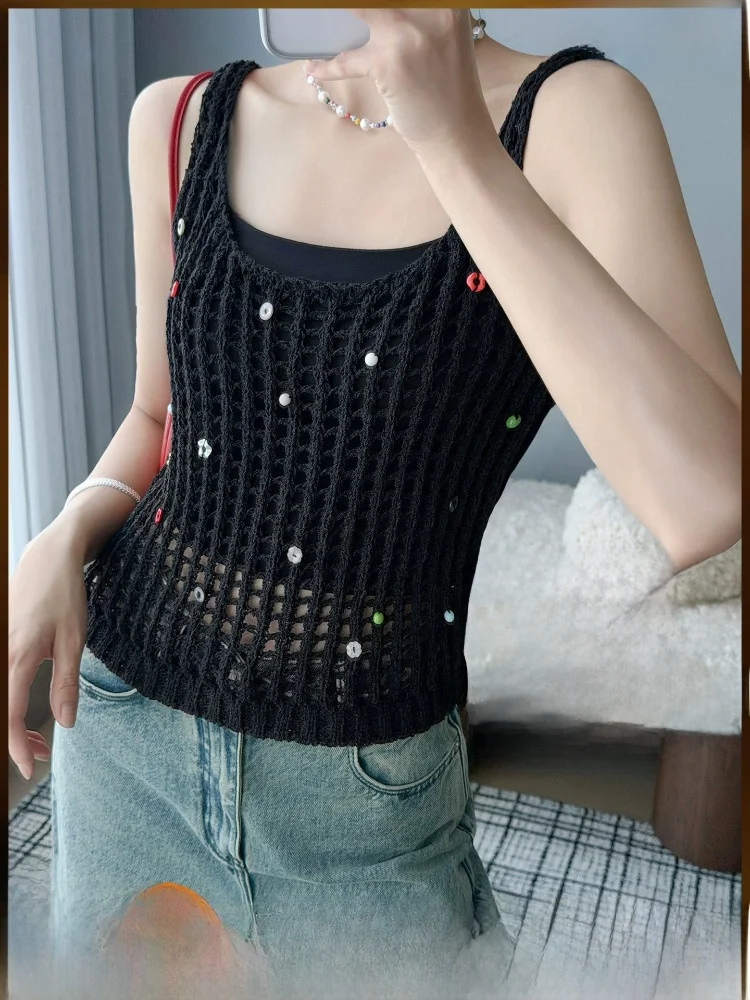 

Rainbow Candy Knitted Vest Sweet Cool Spicy Girl Hollow Weave Layer Friday Meiyang Women's Casual Short Length Polyester Fiber