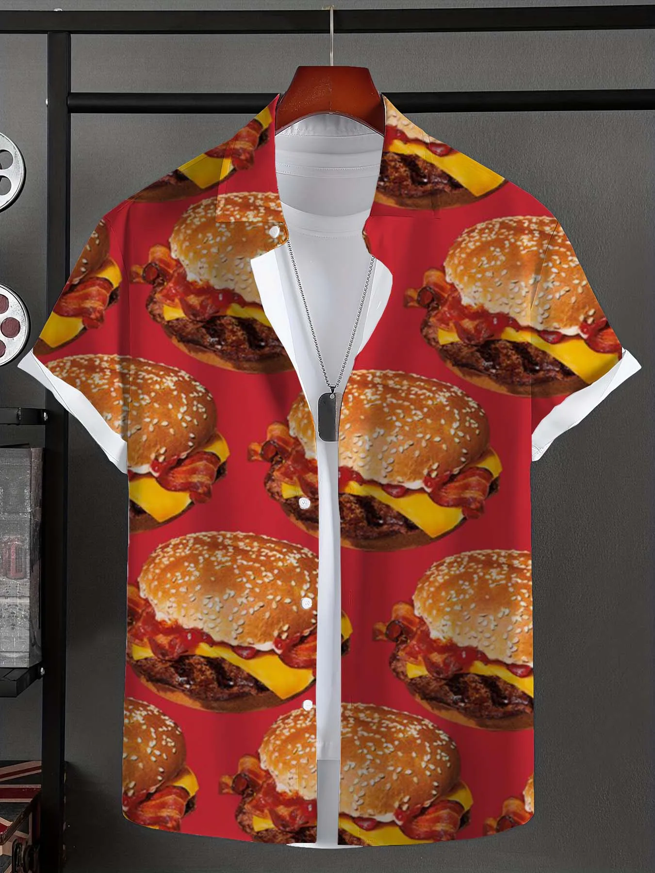 Hawaiian Shirt For Men Funny Fast food pattern 3D Printed Short Sleeve Shirts Summer Burger Unisex Tops Oversized Men Clothing