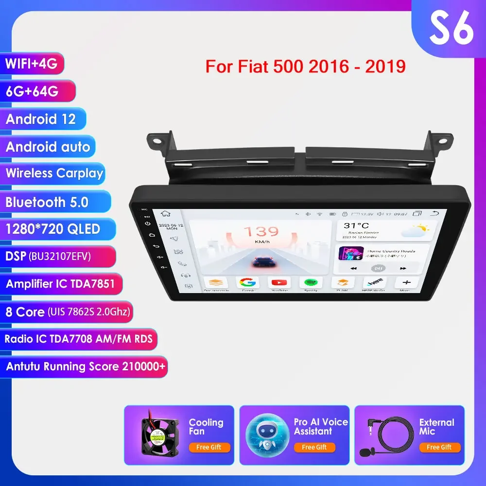 Hizpo 9 ''Draadloze Carplay Android Auto Auto Multimedia Speler Voor Fiat 500 2016 2017 2018 2019 Carplay 4G Autoradio 360 ° Camera
