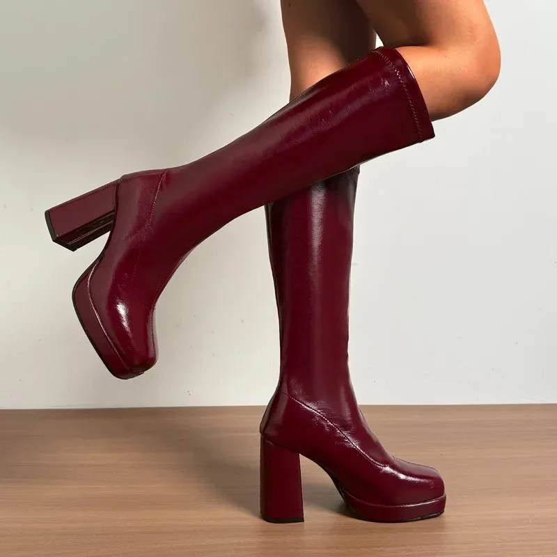 Burgundy High-heeled Boots Female 2025 Popular Temperament Without Knee Knight Boots Waterproof Platform Thick Bottom image 3