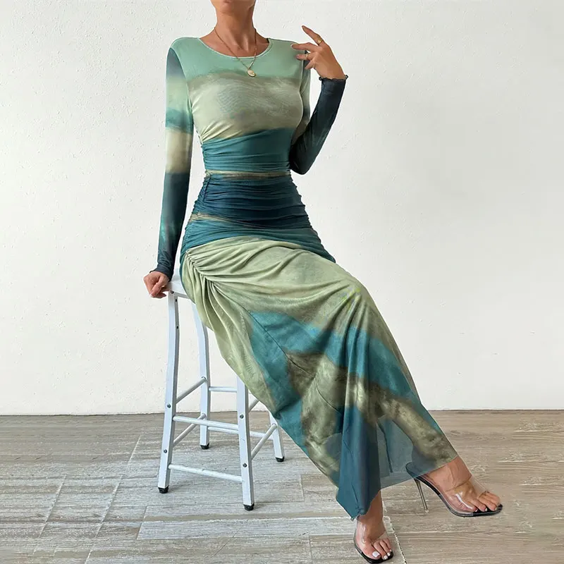 

Tie Dye Green Mesh Corset Dress Summer Womens Dresses Bodycon Long Sleeve Dress Print Maxi Ruched See Through Female Dress