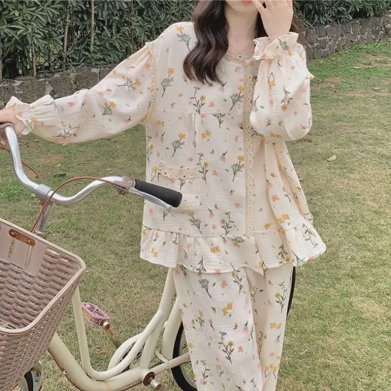 Floral Sleepwear Women Pajama Sets Korean Piiama Ruffles Night Wears Autumn Pants Sets 2 Pieces Lace Long Sleeve Home Suit New