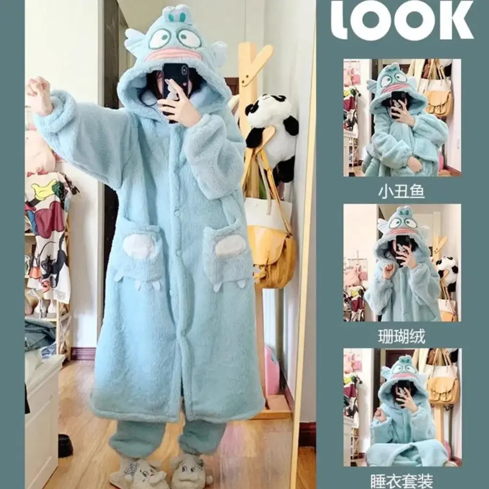 Kawaii Hangyodon 2Pcs Plush Pajamas Night-Robe Suit Sanrioed Anime Kuromi Homewear Winter Long Style Thickened Nightgown Pants