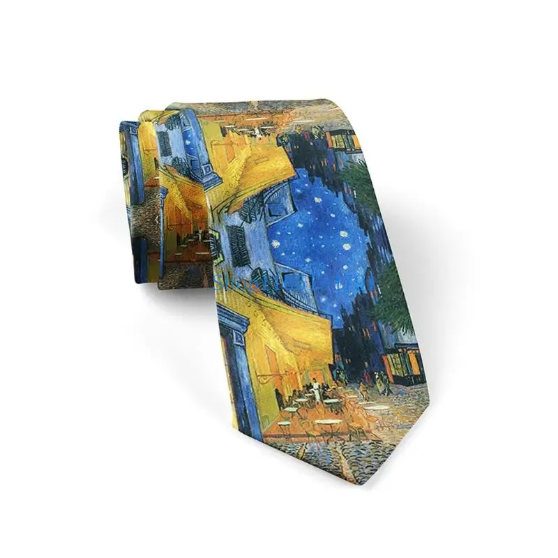 

98km Vintage Design Silk Tie 8cm Width Oil Painting Print Long Tie for Men and Women
