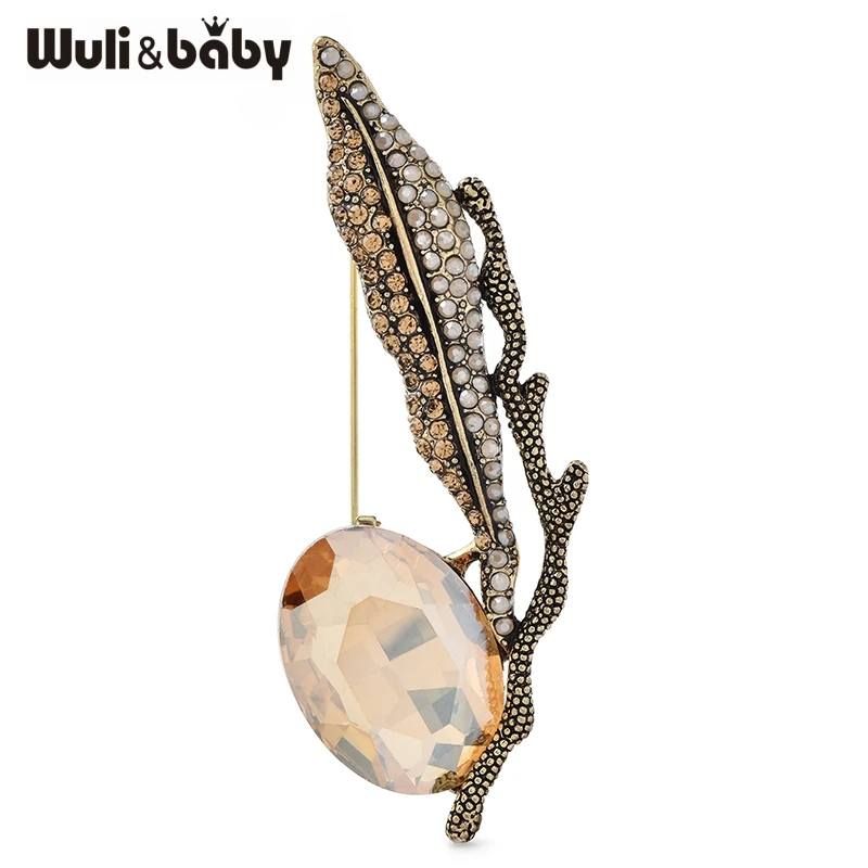 Wuli&baby Crystal Leaf Brooches For Women Unisex High Quality Vintage 4-color Easy-match Feather Party Office Brooch Pins Gifts