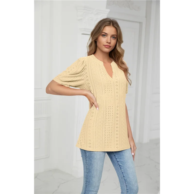 A83F-été manches courtes bouffantes chemises pour femmes coupe ample oeillet t-shirt encoche col en V tunique Blouse évider hauts de travail