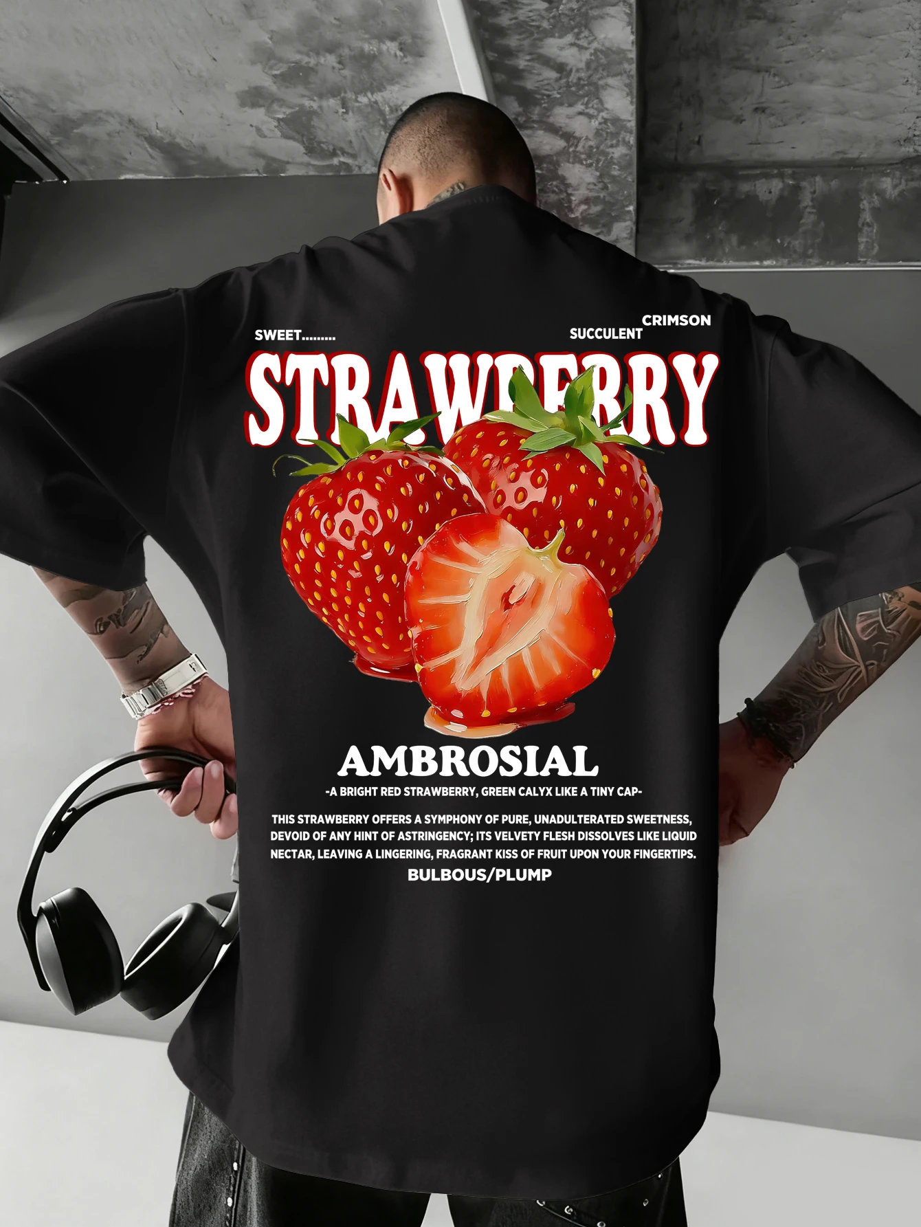 Men Hip‑Hop Oversized T‑Shirt Aesthetic Strawberry Quote Back Print Drop Shoulder Casual Short Sleeve Tee