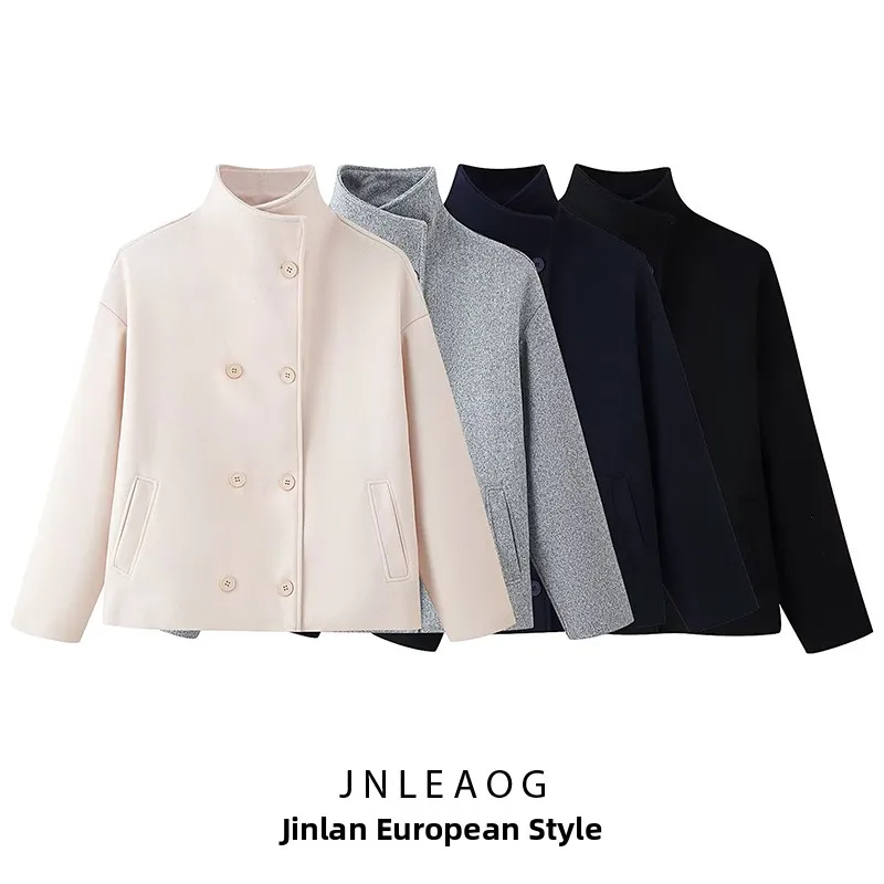 

Faionable Street Sle ort Woolen Coat for Women Stand Collar Double Button Versatile Autumn New Arrival Polyester Fiber