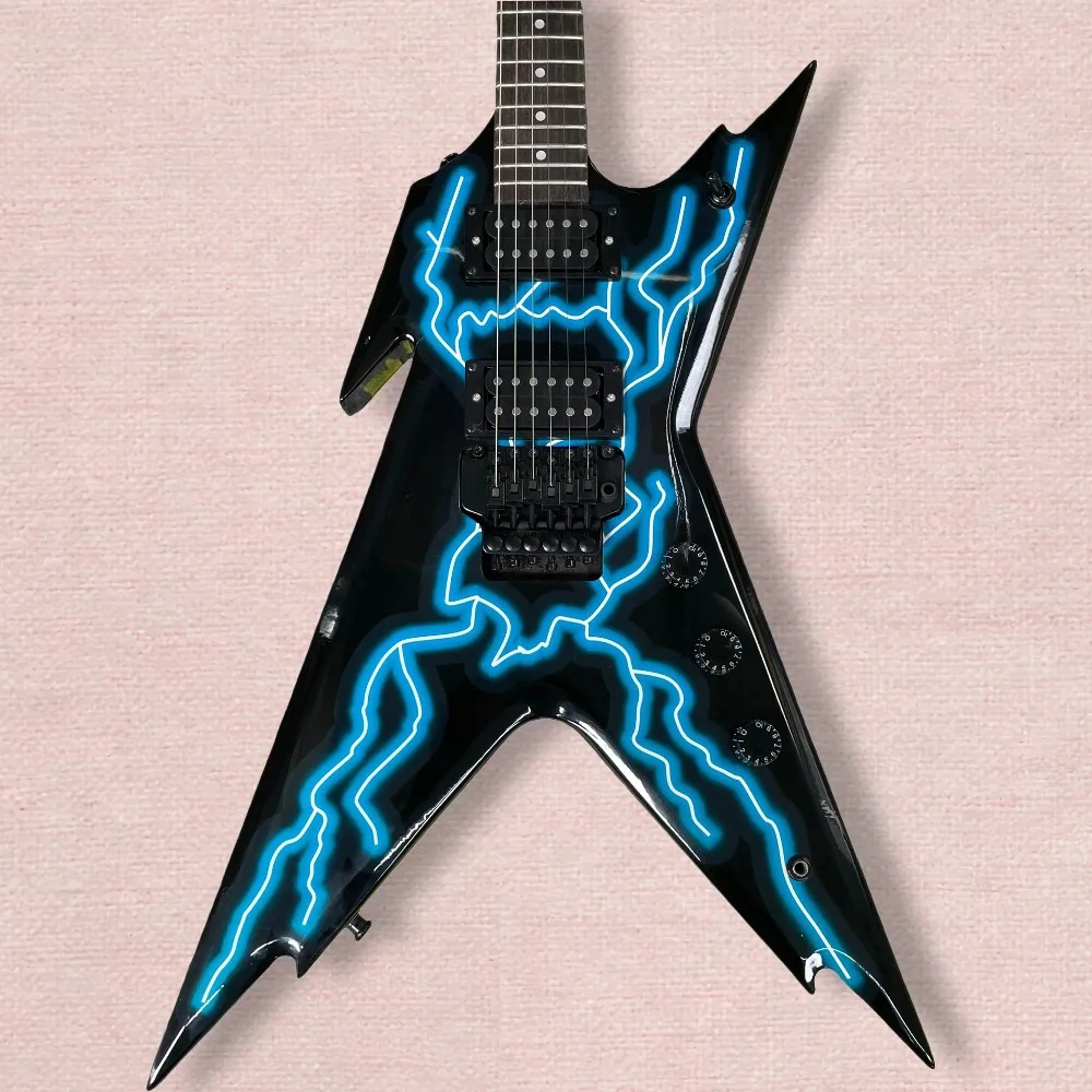 Heavy Metal V-Shape Guitar, Black Body with Blue Lightning Crackle Finish, 6 String Rock Lead Instrument, Pointy Headst guitar
