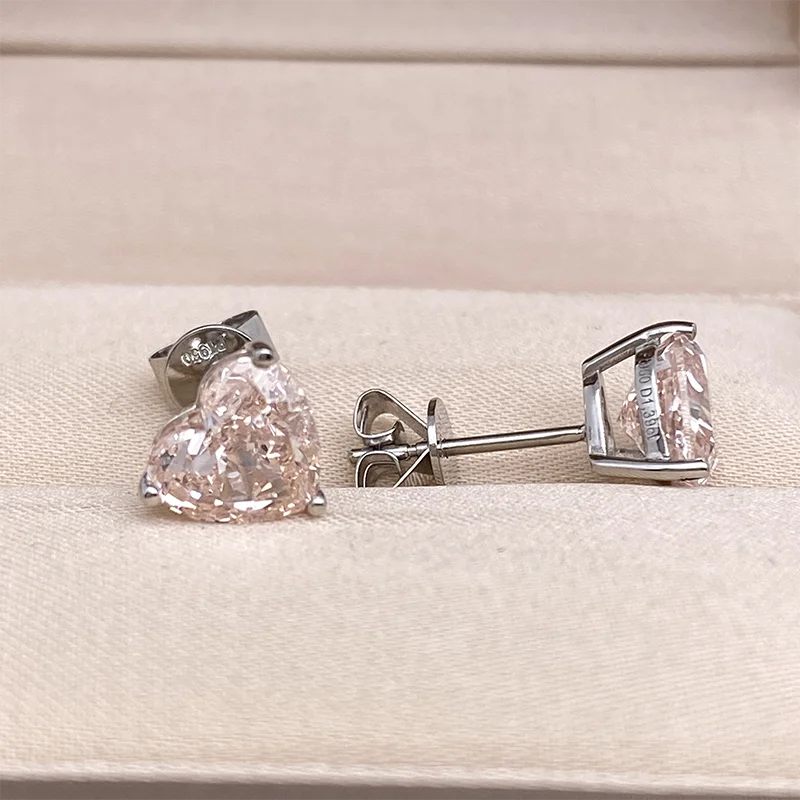 1Ct Each VS Pink Heart Cut CVD Lab Grown Diamond Everyday Wear Minimalist Earrings 14K 10K Gold/Platinum 950 Claw Prong Earrings