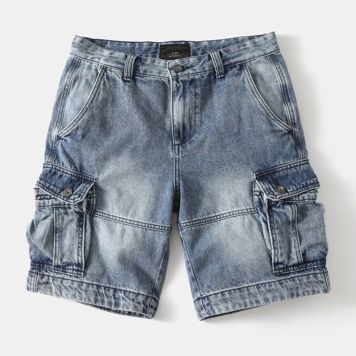 American Style Retro Faded Men's Denim Shorts Summer Straight Loose Casual Multi-Pocket Workwear Five-Quarter Mid-Pants