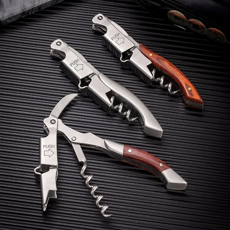 Stainless Steel Corkscrew Wine Key Beer Bottle Opener Foil Cutter Wood Handle Openers Waiters Wine Knife Corkscrews Sommelier