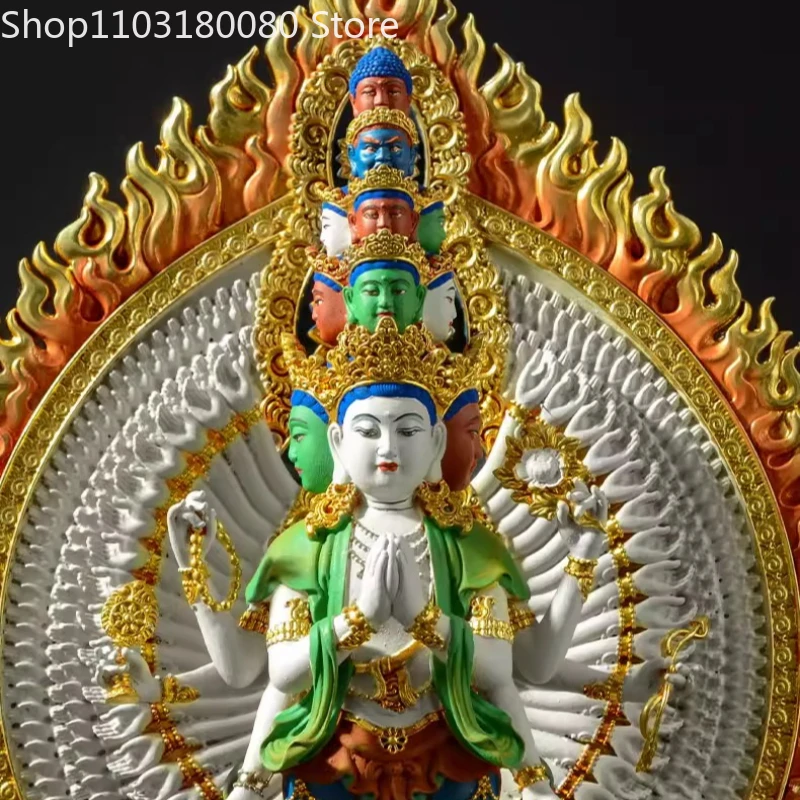 Copper Gilding Painting Thousands Hands Guanyin Bodhisattva Buddha Statue Sculpture, 33cm, 22cm