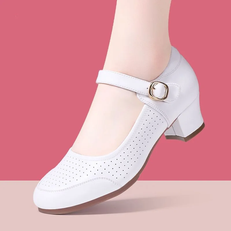 4cm Breathable Comfortable Shallow Mouth Soft Leather Mary Janes Platform Shoes 2026 Spring Med Block Heels Dance Work Shoes Mom