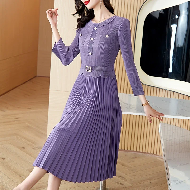 

Miyake Pleated 2024 Autumn New Fashionable Suit Collar Lantern Sleeves Pleated Skirt Cinched Waist Slimming Magic Dress