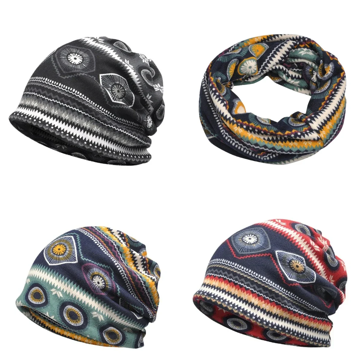 

Casual Dual-use Scarf and Soft Brimless Hat Colorful Pattern Fashionable Trend Stacked Hat Windproof Ear Protection Warm Hat