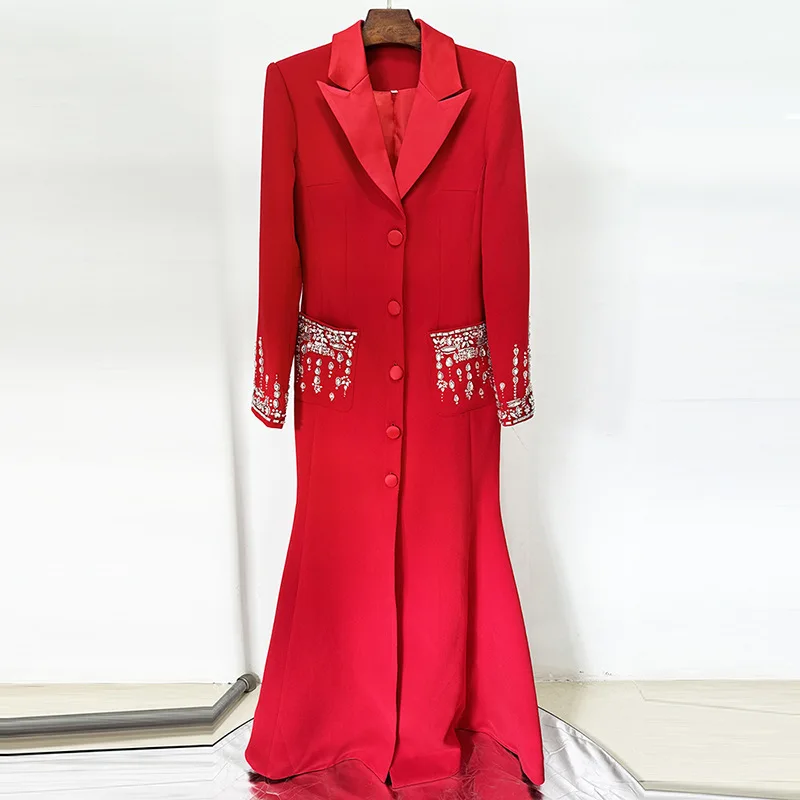 HKSH Autunno Nuovo Abito da Donna Abito con Borchie Diamanti In Rilievo Paillettes Colletto Dentellato di Lusso Chic Partito Lungo Giacca Sportiva Abiti HK15064