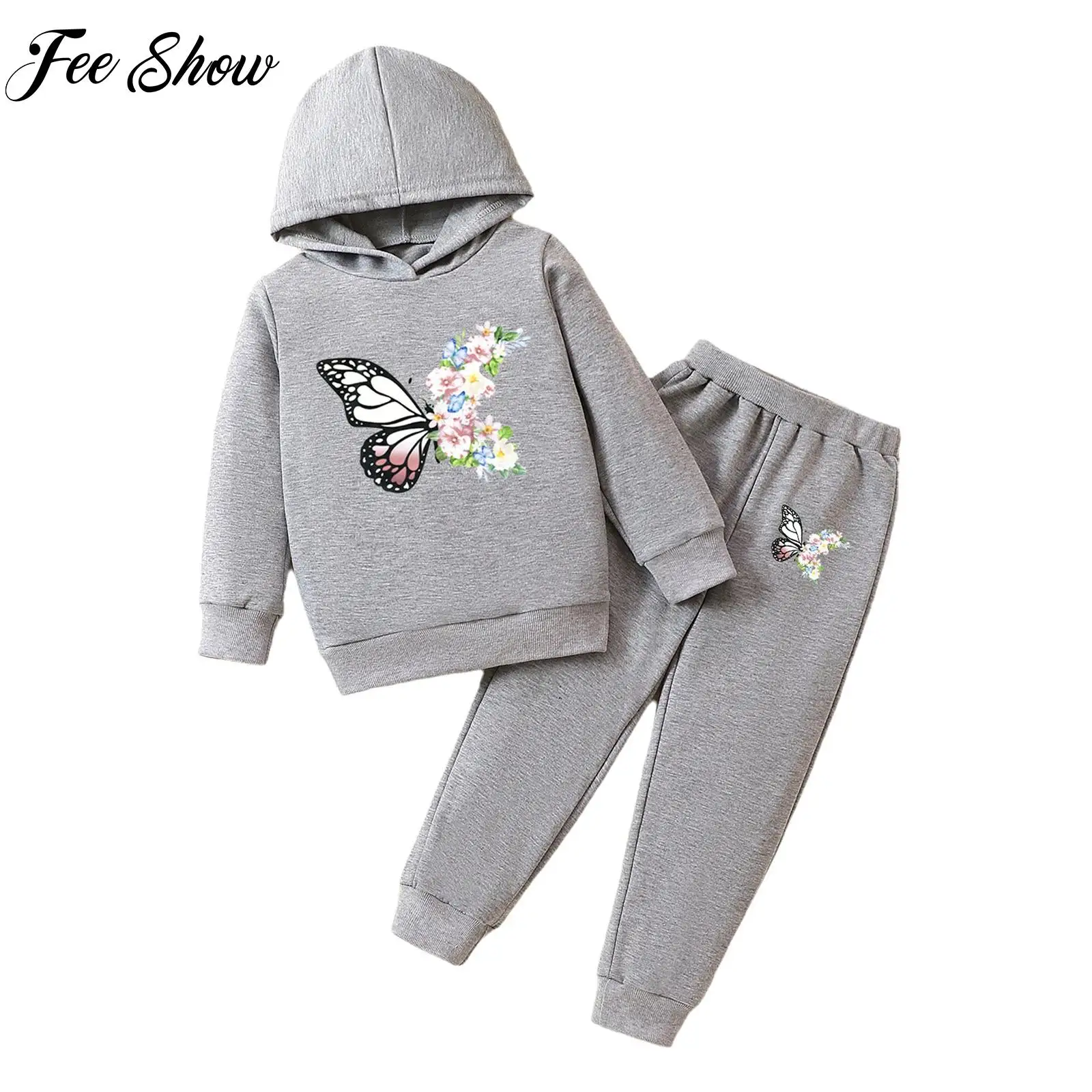 

Children Girls Cute Butterfly Print Running Camping Outfit Tracksuit Long Sleeves Hoodie+Pants Outfit for Outdoor Sports Workout