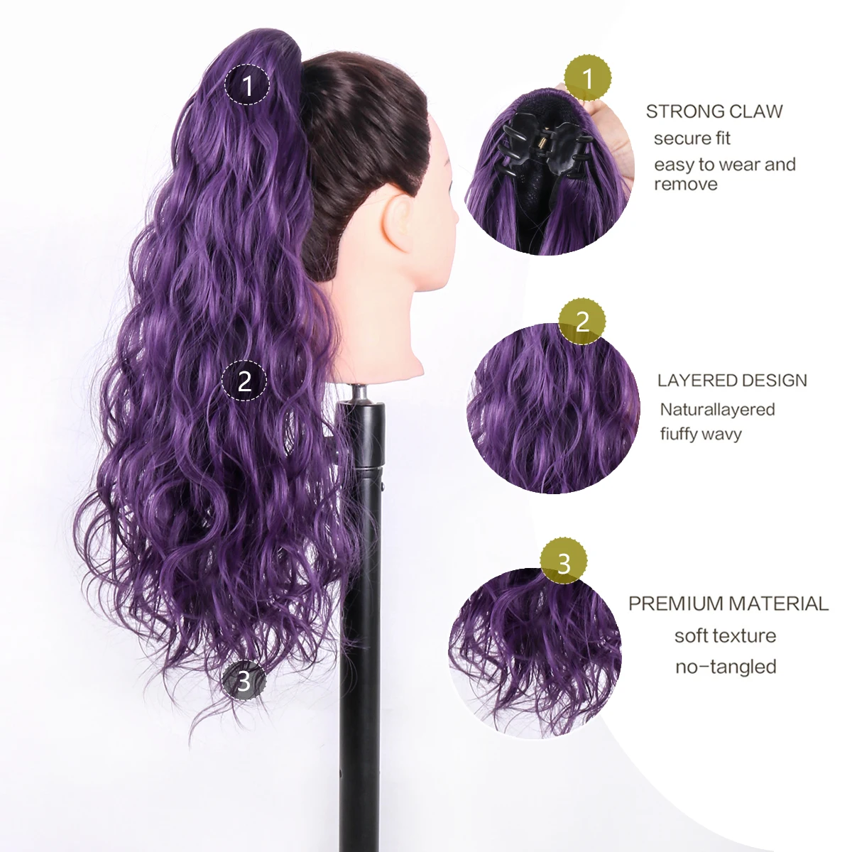 1 Pieces High Temperature Hair Synthetic Hairpieces Long Wave Clip in Ponytail Hairpiece Purple 21 Inch Top Quality Full Machine