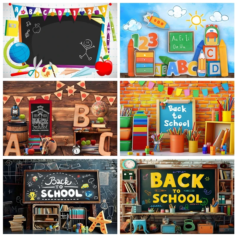 

Welcome Back To School Photography Backdrop Black Chalkboard Globe Pencil Book Classroom Children Student Background Party Props