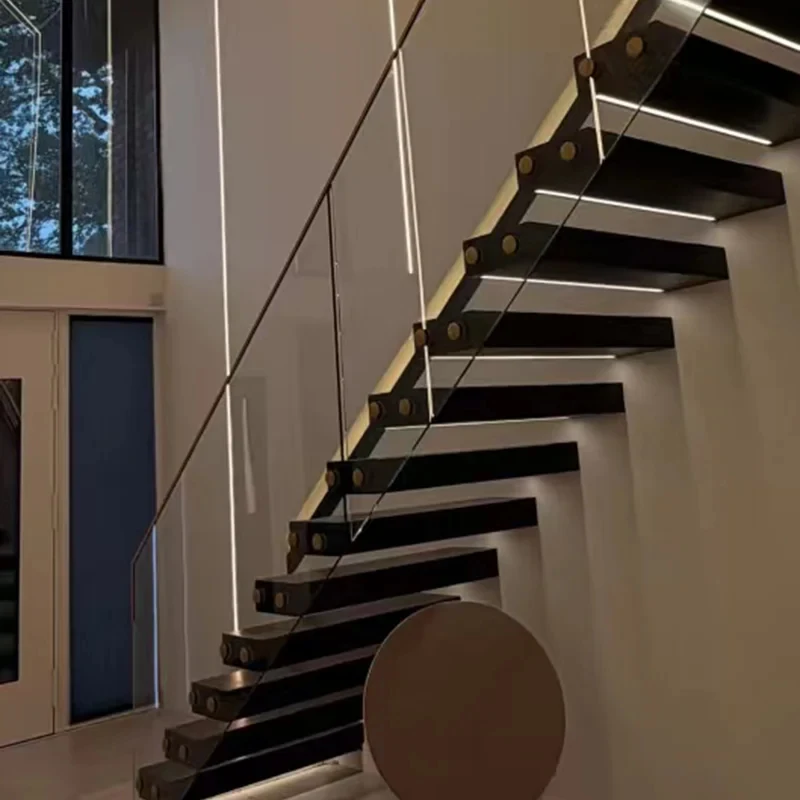 custom.Modern Indoor Straight Stairs Glass Railing Wooden Tread Staircase Steel Stairs Interior Design Home Floating S
