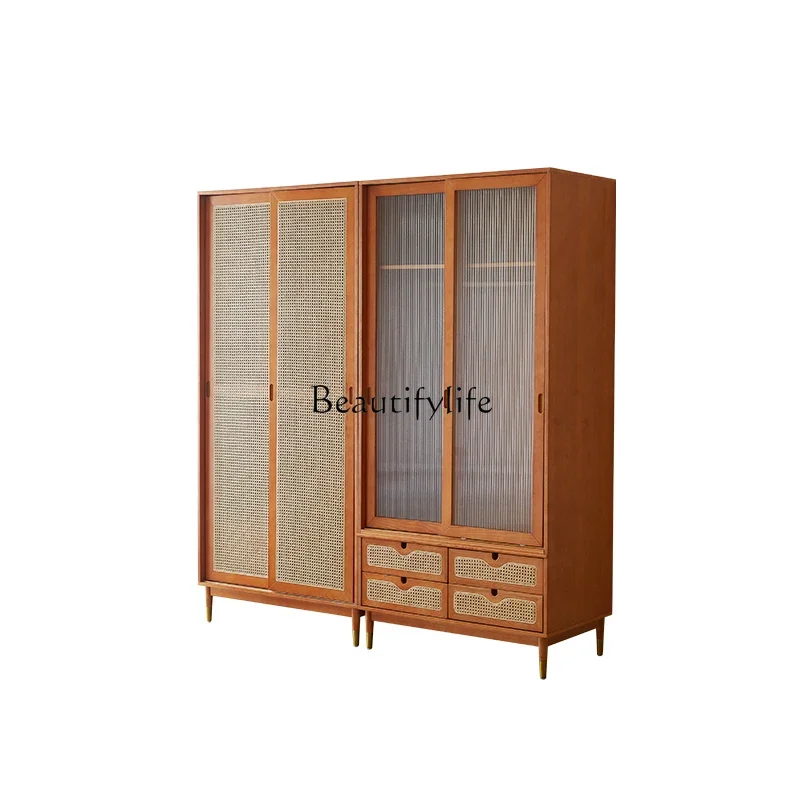 

Japanese-style solid wood rattan wardrobe, bedroom storage, household sliding door, modern simplicity