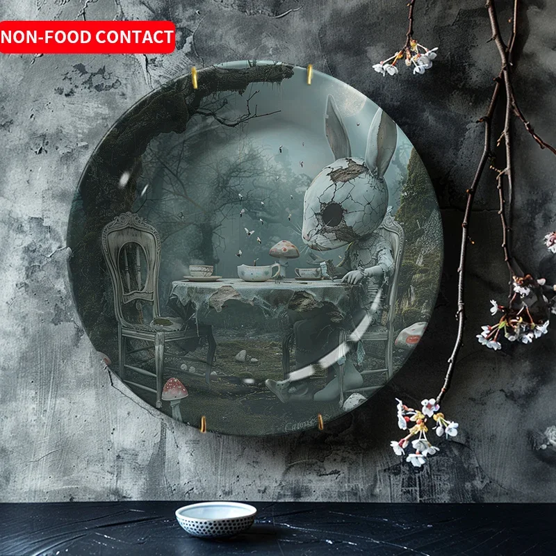 1pc Whimsical Rabbit Tea Party Ceramic Decorative Plate - Round, Non-Food Contact, Ideal for Home & Living Room Decor, Perfect