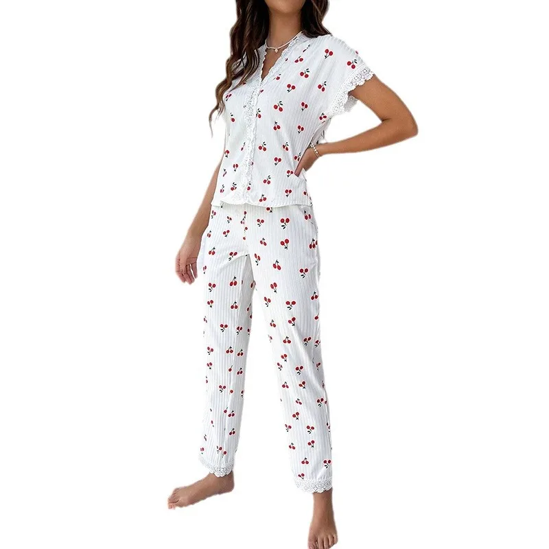 Women\'s Cherry Embroidered Lace Pajamas Short Sleeve V-Neck Set Casual Daily Wear 2 Piece Sleepwear Suit Sexy Home Clothes 2024