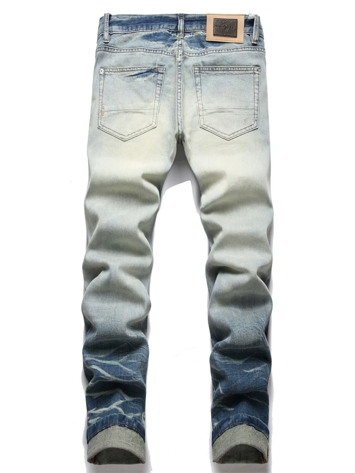 Retro Patchwork Men's Jeans Trendy Gradient Color Casual Slim Fit Nine Point Pants Spring Autumn Wear Resistant Straight Tube