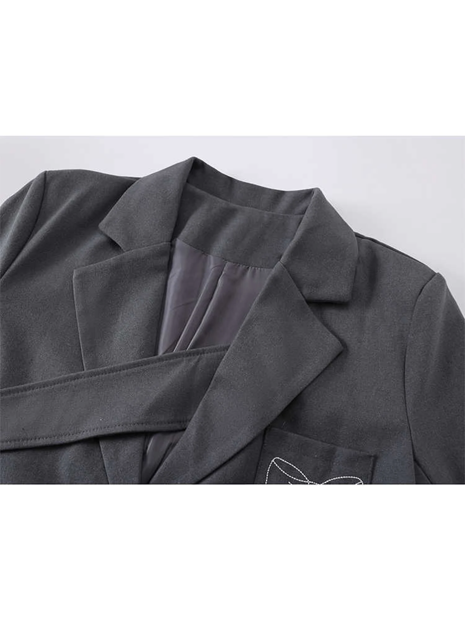 Women Grey Blazer Coat Fashion Vintage Streetwear Harajuku Loose Long Sleeve Bow Embroidery Suit Jacket Outerwear Clothes Autumn