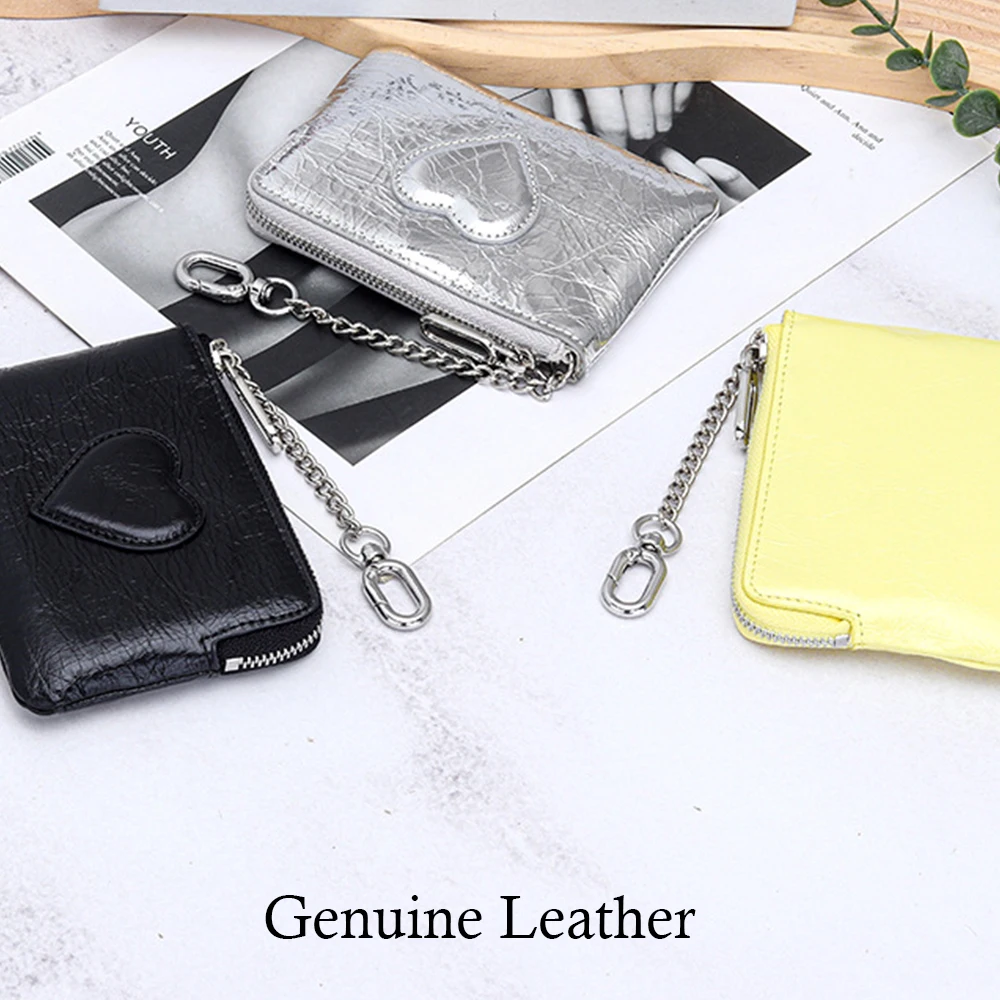 Y2K Women 2026 Trendy Zipper Card Pouch with Chain Genuine Leather Top Layer Cow Leather Coin Purse Cracked Oil Wax Heart Decors